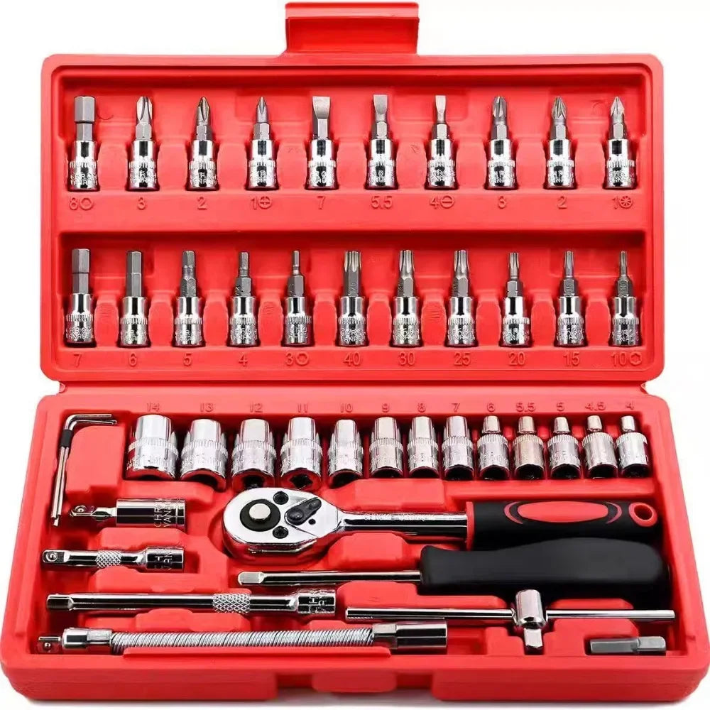 46-Piece Auto Repair Tool Kit, Combination Ratchet Wrench and Socket Set for Car Maintenance with Toolbox