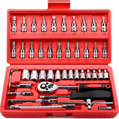 46-Piece Auto Repair Tool Kit, Combination Ratchet Wrench and Socket Set for Car Maintenance with Toolbox