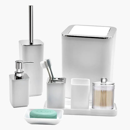 8PCS Bathroom Accessories Set, Plastic Storage Set with Soap Dispenser, Toilet Brush, Trash Can & Toothbrush Holder