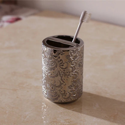 Silver Ceramic 5-Piece Bathroom Accessory Set, Soap Dispenser, Gargle Cup, Soap Dish & Toothbrush Holder Toiletry Set
