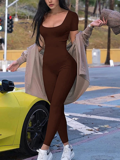 Women’s Short Sleeve Bodycon Romper Jumpsuit, Solid Color Skinny Fit One-Piece Playsuit for Fitness, Casual Wear, and Streetwear