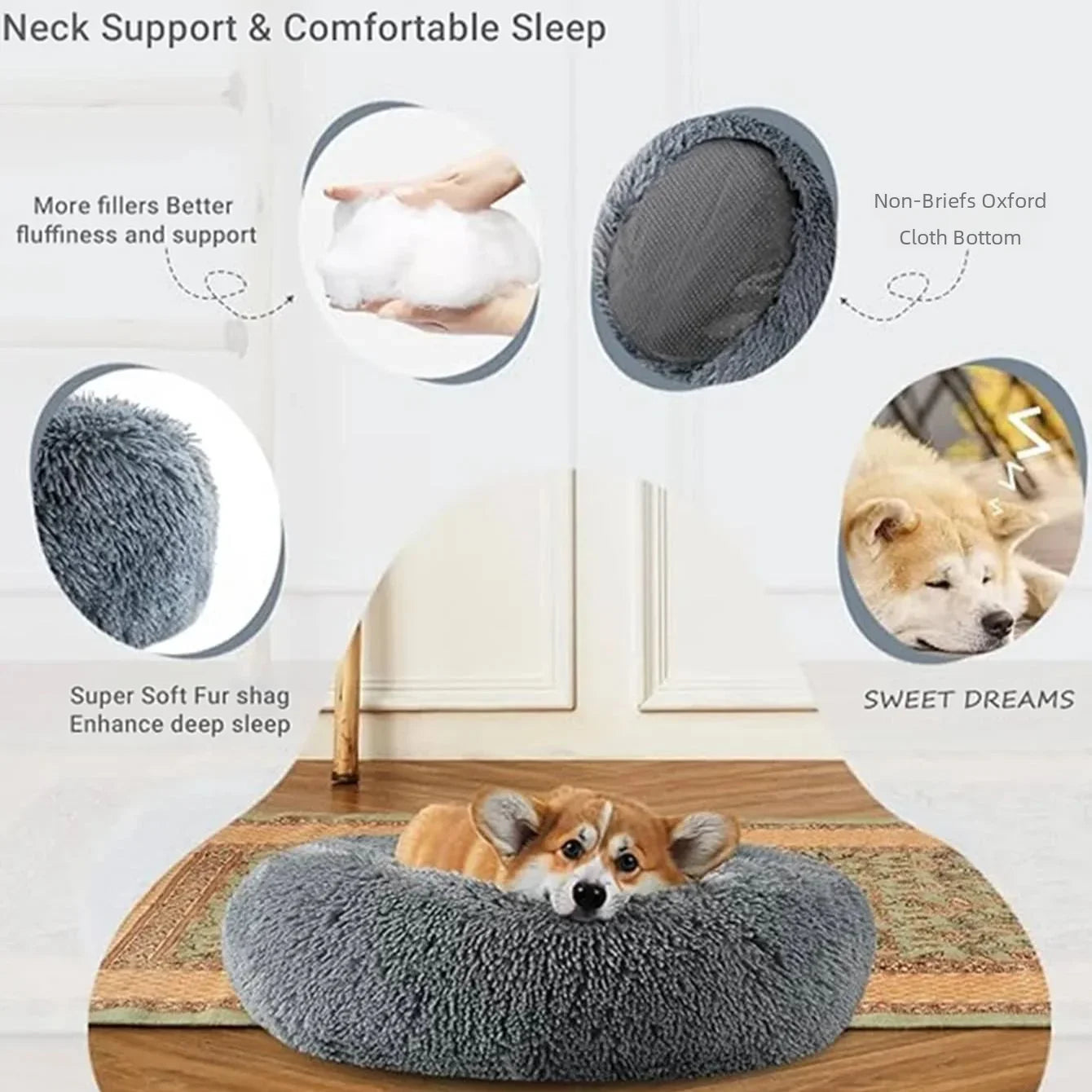 Round Plush Pet Bed for Dogs and Cats, Super Soft Winter Sleeping Bed in 6 Sizes (40–90cm), Warm Calming Cushion for Small, Medium, and Large Pets