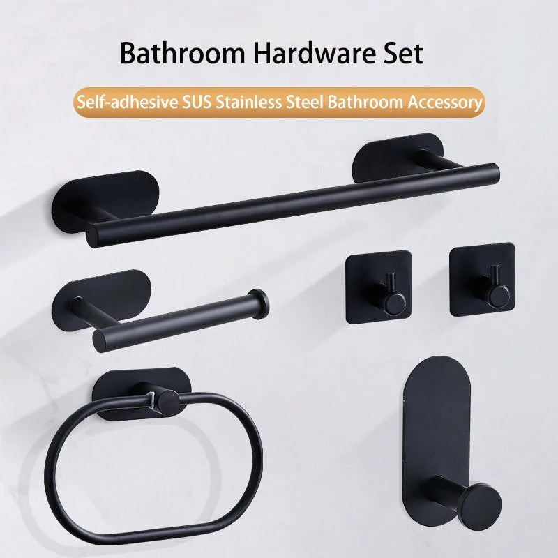 No-Drill Stainless Steel Bathroom Accessories Set, Self-Adhesive Towel Bar, Paper Holder, Towel Ring & Robe Hook