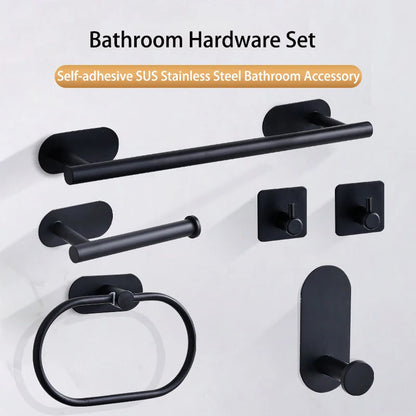 No-Drill Stainless Steel Bathroom Accessories Set, Self-Adhesive Towel Bar, Paper Holder, Towel Ring & Robe Hook