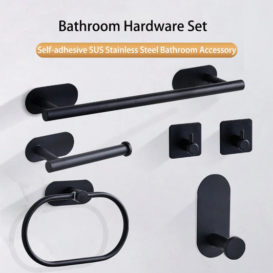 No-Drill Stainless Steel Bathroom Accessories Set, Self-Adhesive Towel Bar, Paper Holder, Towel Ring & Robe Hook