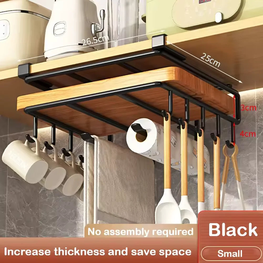 Under Cabinet Kitchen Hanging Organizer Rack with Hooks, Paper Towel, Cutting Board & Pot Lid Holder