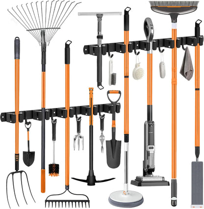 Wall Mount Broom Holder – Stainless Steel Mop & Broom Organizer with 5 Racks and 4 Hooks for Garage & Laundry Room