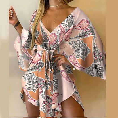 Women’s Floral Print Mini Dress with V-Neck and Batwing Sleeves, Bohemian Loose Fit Summer Beach Sundress Casual Vacation Dress