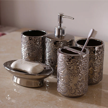 Silver Ceramic 5-Piece Bathroom Accessory Set, Soap Dispenser, Gargle Cup, Soap Dish & Toothbrush Holder Toiletry Set