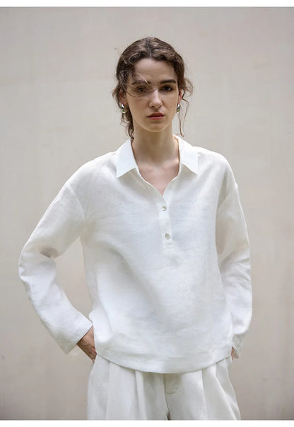 Women’s 100% Linen Half-Button V-Neck Shirt, Long Sleeve Turn-Down Collar Casual Retro Blouse for Spring and Daily Wear