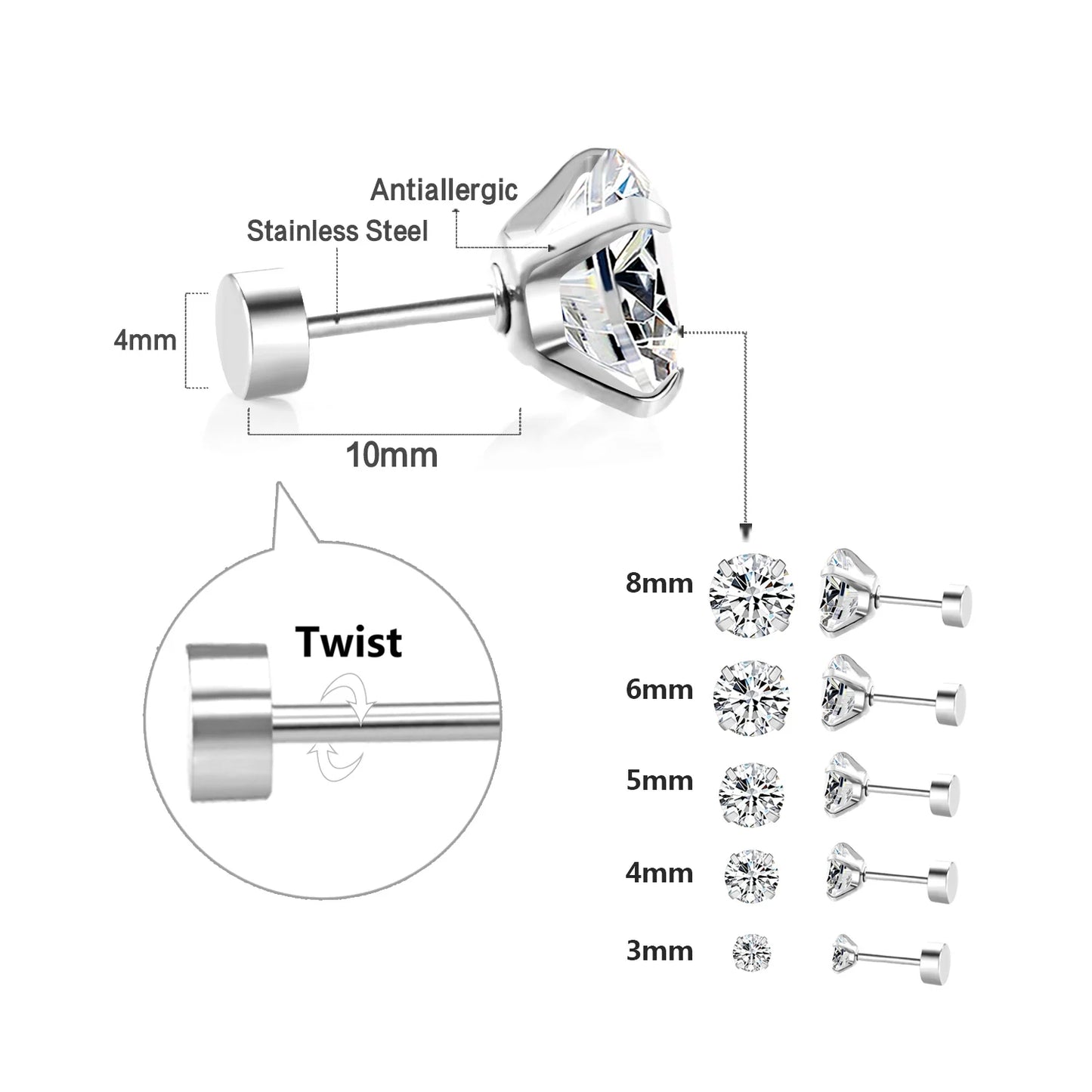 LUXUSTEEL Stainless Steel Crystal Stud Earrings for Men and Women, Round Clear Cubic Zirconia 4-Prong Tragus and Lobe Jewelry, 1 Pair (2 Pieces)