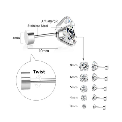 LUXUSTEEL Stainless Steel Crystal Stud Earrings for Men and Women, Round Clear Cubic Zirconia 4-Prong Tragus and Lobe Jewelry, 1 Pair (2 Pieces)