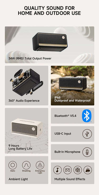 Edifier ES60 Portable Bluetooth Speaker, 36W RMS Wireless Sound Box with 3D Surround Sound, IP66 Waterproof, Extra Bass, Built-in Mic, Outdoor Speaker for Camping and Travel