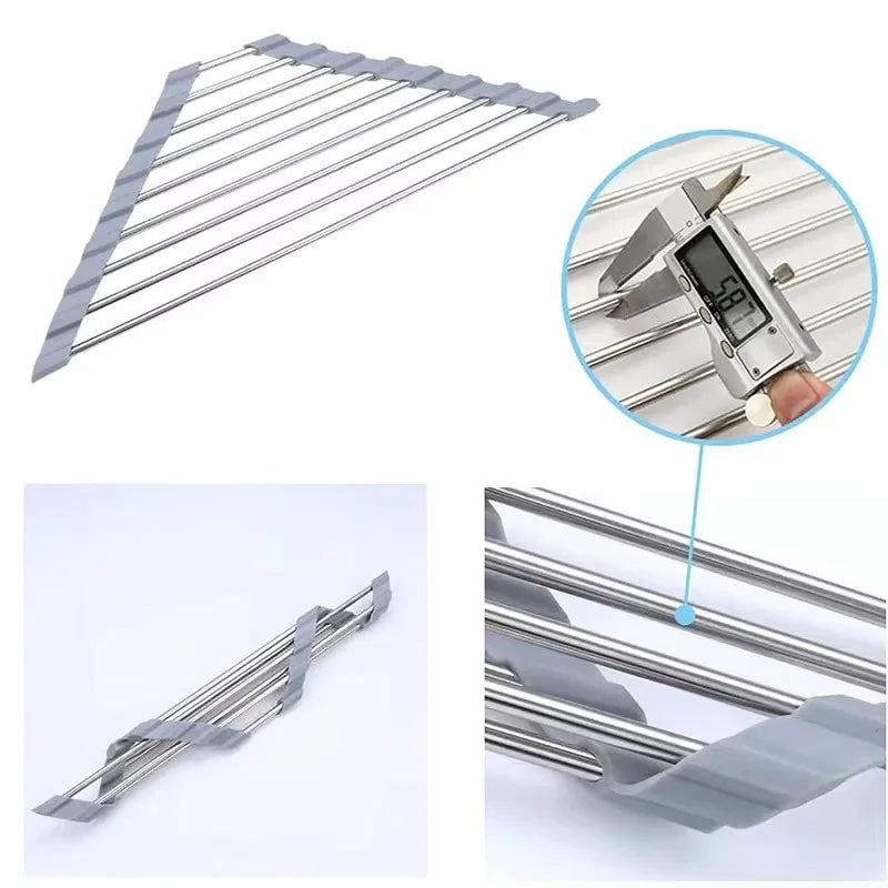Roll-Up Triangle Dish Drying Rack – Foldable Stainless Steel Sink Corner Organizer for Sponge & Rag