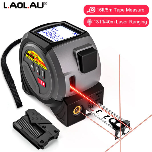 3-in-1 Laser Tape Measure with 60m/40m Rangefinder, 5m Retractable Tape, Cross Line Laser Level, LCD Backlight Display, ±3mm Accuracy, Magnetic Mount, AAA Battery Powered
