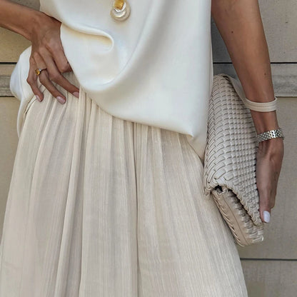 Women’s Apricot Loose Bloomers Pants with Elastic Waist, Sheer Flare Long Trousers, Elegant Autumn Streetwear Casual Wide-Leg Pants