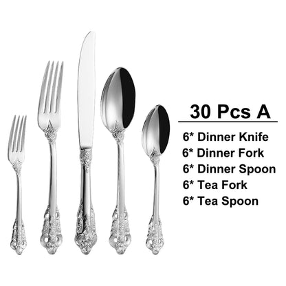 20/30PCS Luxury Gold & Silver Cutlery Set, Vintage Stainless Steel Flatware with Engraved Forks, Spoons & Knives