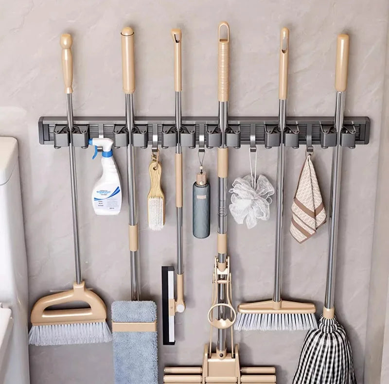 Aluminum Mop Holder Wall Mounted – Adjustable Broom & Mop Organizer Rack with Hooks and Strong Adhesive