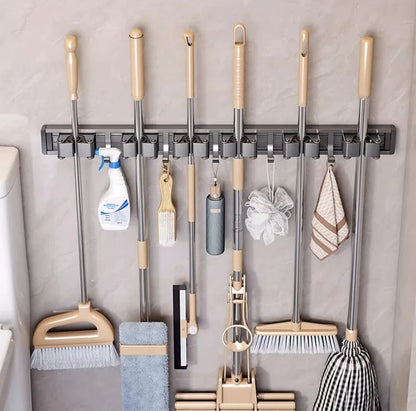 Aluminum Mop Holder Wall Mounted – Adjustable Broom & Mop Organizer Rack with Hooks and Strong Adhesive
