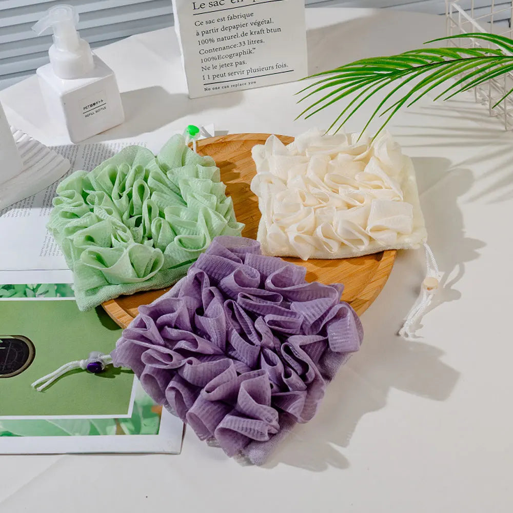 Soft Exfoliating 2-In-1 Bath Loofah – Bath Ball Towel with Drawstring Soap Closure Reusable Mesh Shower Sponge