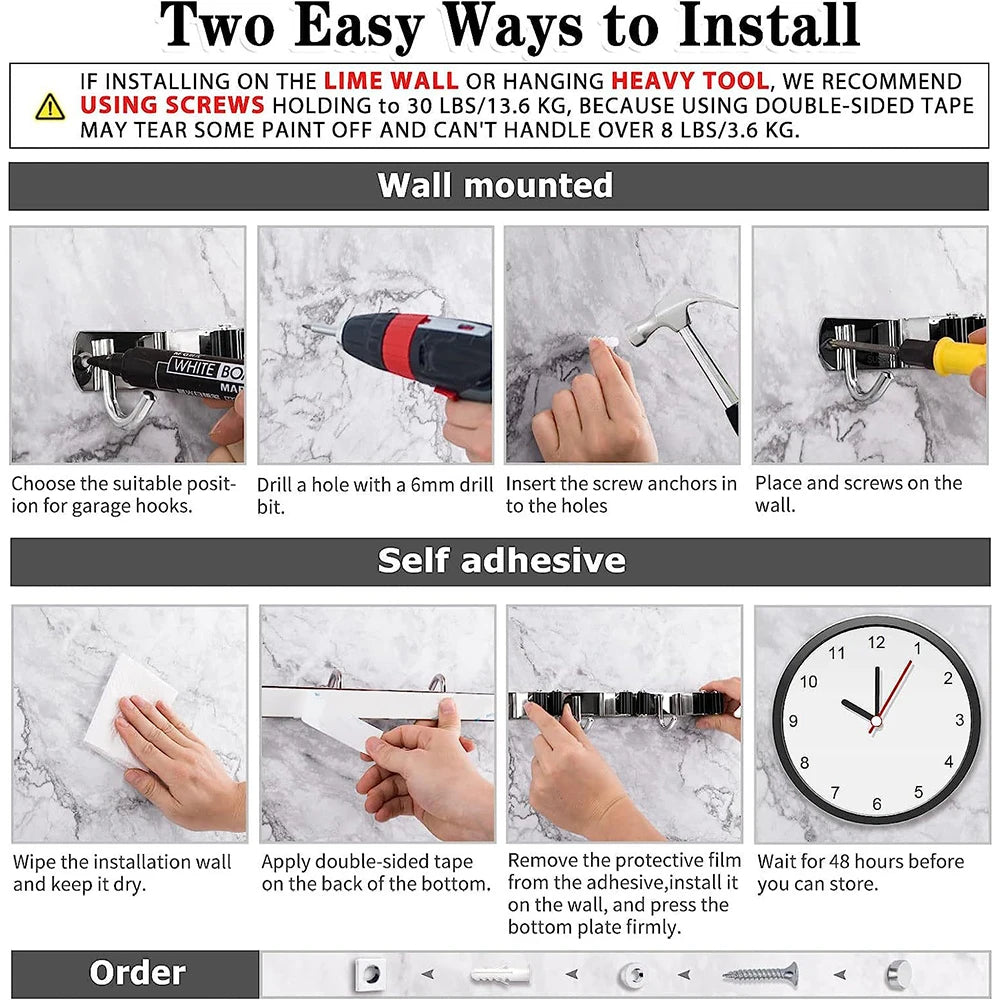 Wall Mount Broom Holder – Stainless Steel Mop & Broom Organizer with 5 Racks and 4 Hooks for Garage & Laundry Room
