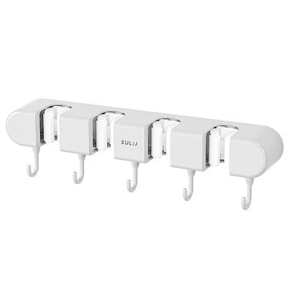 Wall Mounted Broom & Mop Holder with Hooks – No-Drill Self-Adhesive Storage Rack for Kitchen & Home