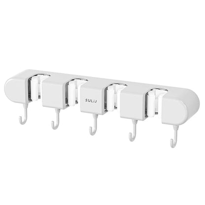 Wall Mounted Broom & Mop Holder with Hooks – No-Drill Self-Adhesive Storage Rack for Kitchen & Home