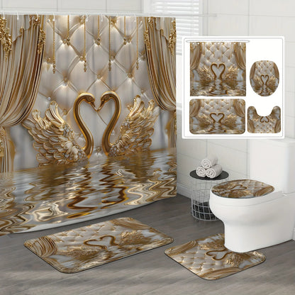 Luxury Gold Swan Bathroom Set 4PCS, Elegant Shower Curtain & Bath Mat Set with 3D Swan Design