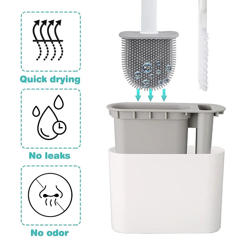 Wall Hanging Toilet Brush with Holder – Long Handled Silicone Toilet Brush with Soft Bristles WC Cleaning Brush Bathroom Accessory
