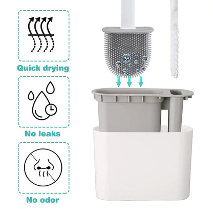 Wall Hanging Toilet Brush with Holder – Long Handled Silicone Toilet Brush with Soft Bristles WC Cleaning Brush Bathroom Accessory