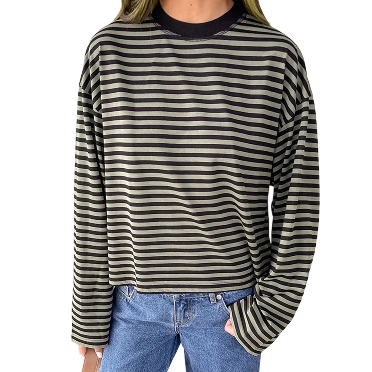 Women’s Retro Striped Long Sleeve T-Shirt, Loose Fit Crew Neck Casual Top, Vintage Streetwear Fall Pullover Tee for Ladies