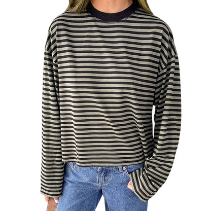 Women’s Retro Striped Long Sleeve T-Shirt, Loose Fit Crew Neck Casual Top, Vintage Streetwear Fall Pullover Tee for Ladies