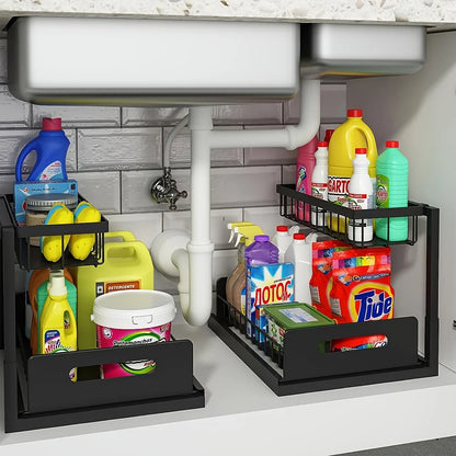 2-Tier Sliding Under Sink Organizer – Rustproof Metal Storage Rack for Kitchen & Bathroom Cabinets