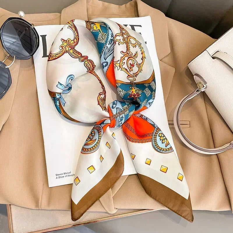 Luxury Printed Silk-Style Square Scarf for Women, Soft Satin Neckerchief Headband and Hair Ribbon, Fashion Hijab and Bag Accessory for Office and Daily Wear
