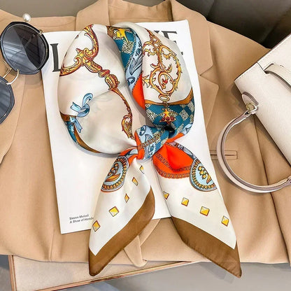 Luxury Printed Silk-Style Square Scarf for Women, Soft Satin Neckerchief Headband and Hair Ribbon, Fashion Hijab and Bag Accessory for Office and Daily Wear
