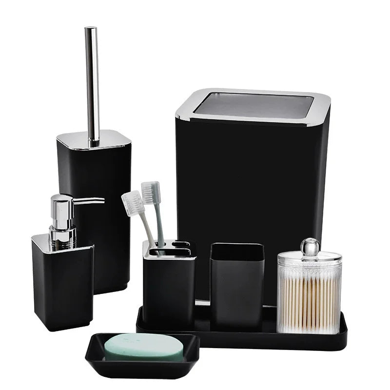 8PCS Bathroom Accessories Set, Plastic Storage Set with Soap Dispenser, Toilet Brush, Trash Can & Toothbrush Holder