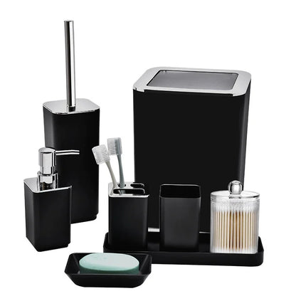 8PCS Bathroom Accessories Set, Plastic Storage Set with Soap Dispenser, Toilet Brush, Trash Can & Toothbrush Holder