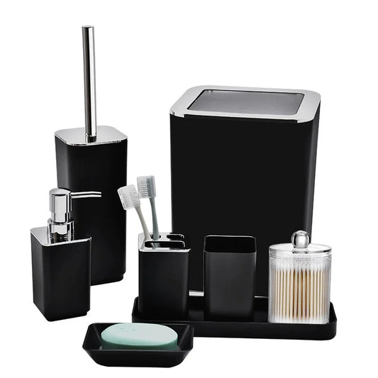 8PCS Bathroom Accessories Set, Plastic Storage Set with Soap Dispenser, Toilet Brush, Trash Can & Toothbrush Holder