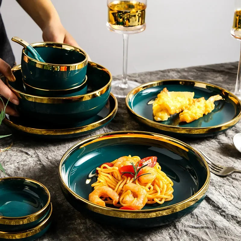 Luxury Green Ceramic Dinnerware Set with Gold Rim, Porcelain Plates & Bowls for Dessert, Salad & Soup