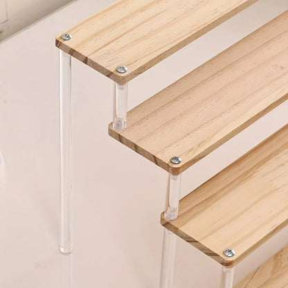 4-Tier Wooden Display Rack, Transparent Perfume & Cosmetics Organizer Shelf for Bathroom & Vanity