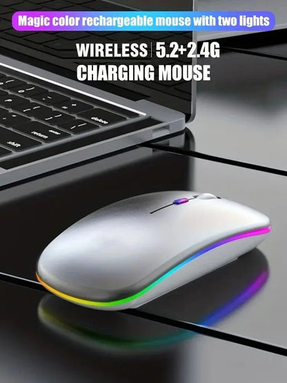 Rechargeable Wireless Mouse with Bluetooth & 2.4GHz Dual Mode, Silent Click Ergonomic RGB Mouse, 1600 DPI Adjustable for PC, Laptop, iPad, Android, TV
