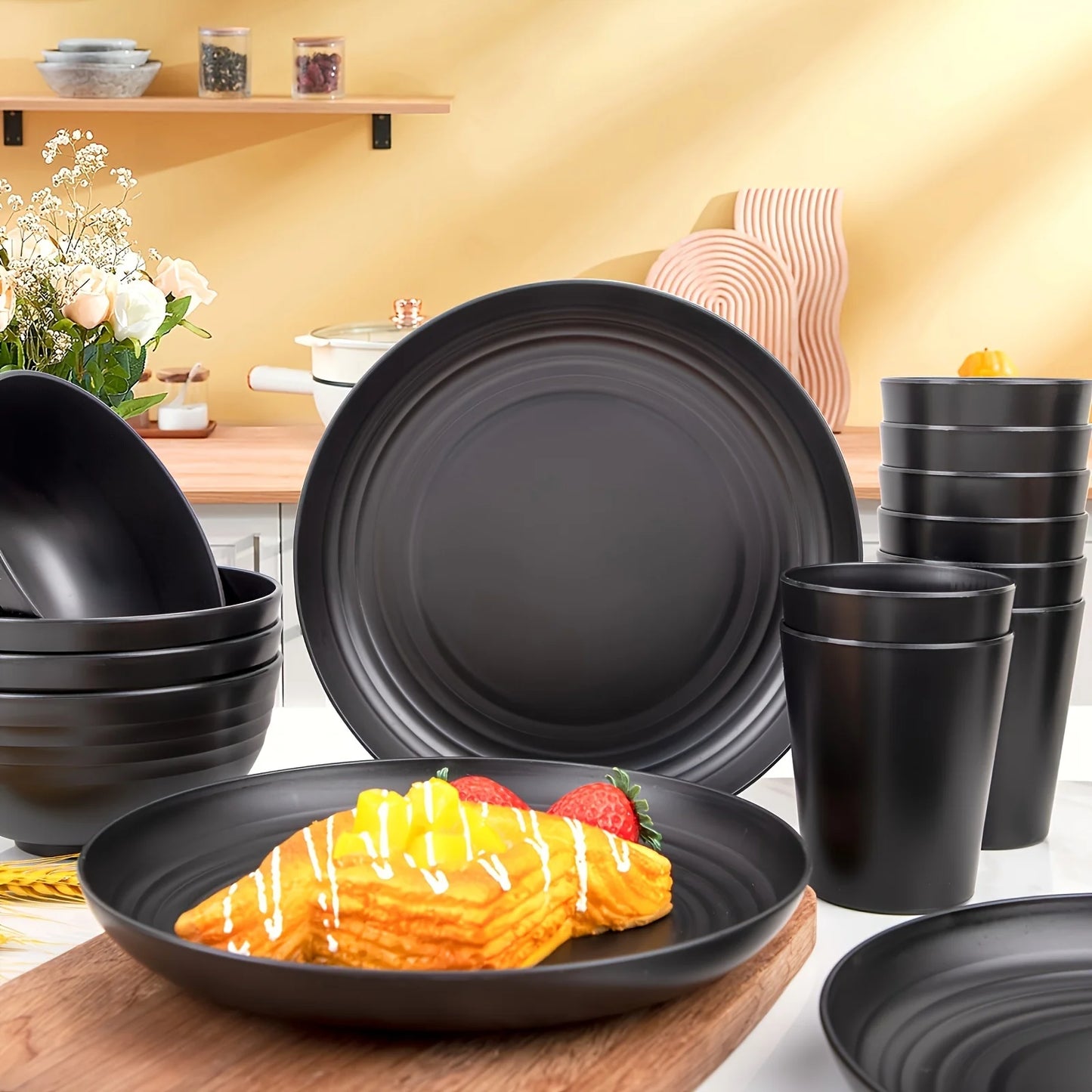 16-Piece Unbreakable Plastic Dinnerware Set, Microwave & Dishwasher Safe Plates, Bowls & Cups