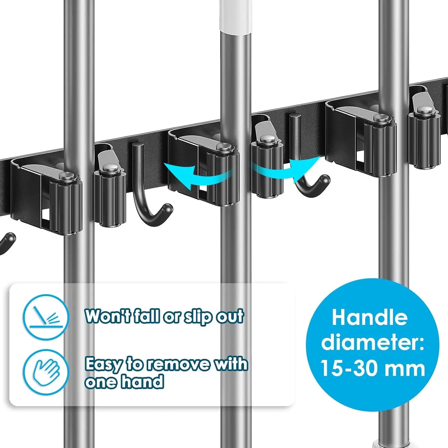 Wall Mount Broom Holder – Stainless Steel Mop & Broom Organizer with 5 Racks and 4 Hooks for Garage & Laundry Room