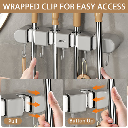Wall Mounted Broom & Mop Holder with Hooks – No-Drill Self-Adhesive Storage Rack for Kitchen & Home
