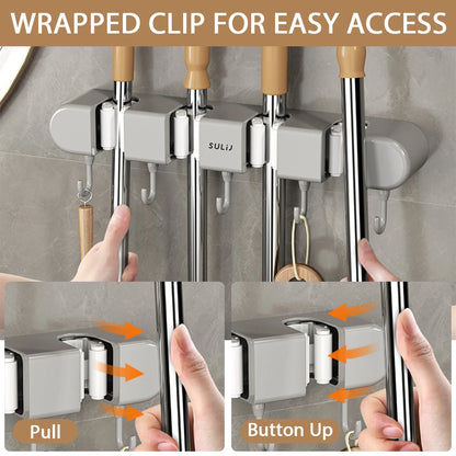 Wall Mounted Broom & Mop Holder with Hooks – No-Drill Self-Adhesive Storage Rack for Kitchen & Home
