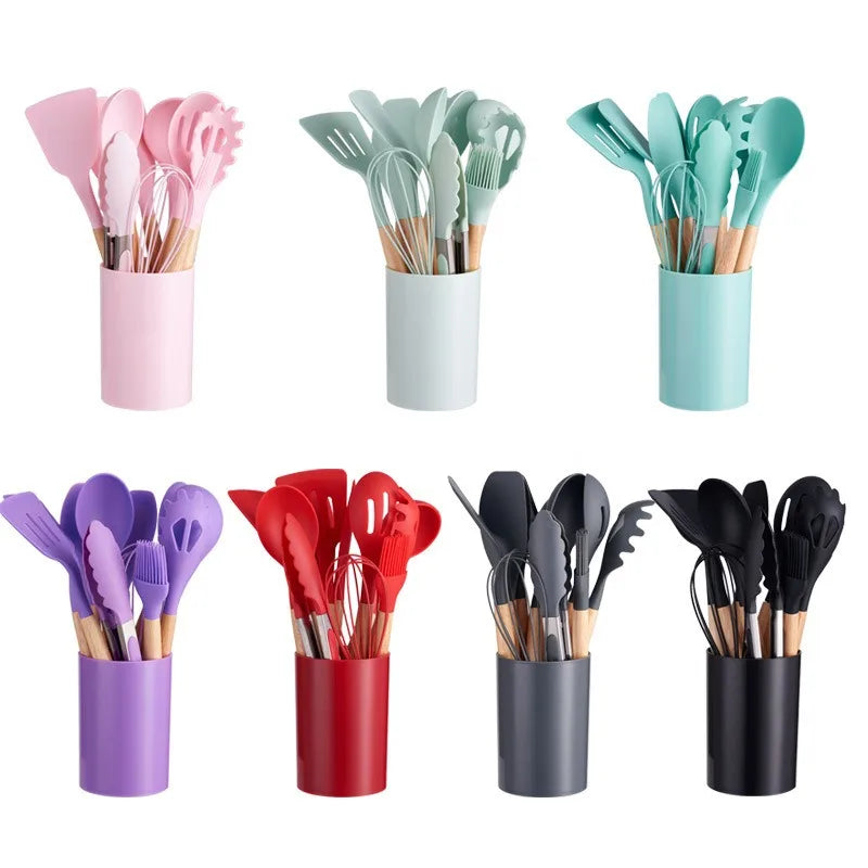 12-Piece Silicone Kitchen Utensil Set with Storage Block, Non-Scratch Cooking Tools & Spatulas
