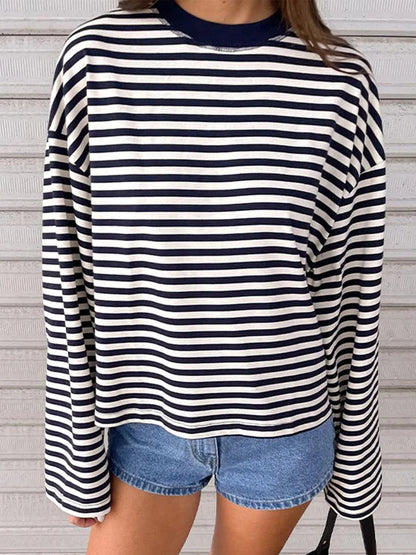 Women’s Retro Striped Long Sleeve T-Shirt, Loose Fit Crew Neck Casual Top, Vintage Streetwear Fall Pullover Tee for Ladies