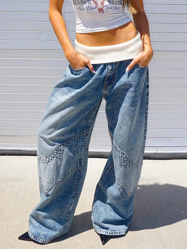 Y2K Hip-hop Stitching Fashion Joker Retro Jeans Female Korean Casual Simple Dress Essential Wide-leg Pants Loose  Joker Overalls
