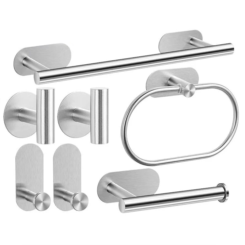 No-Drill Stainless Steel Bathroom Accessories Set, Self-Adhesive Towel Bar, Paper Holder, Towel Ring & Robe Hook