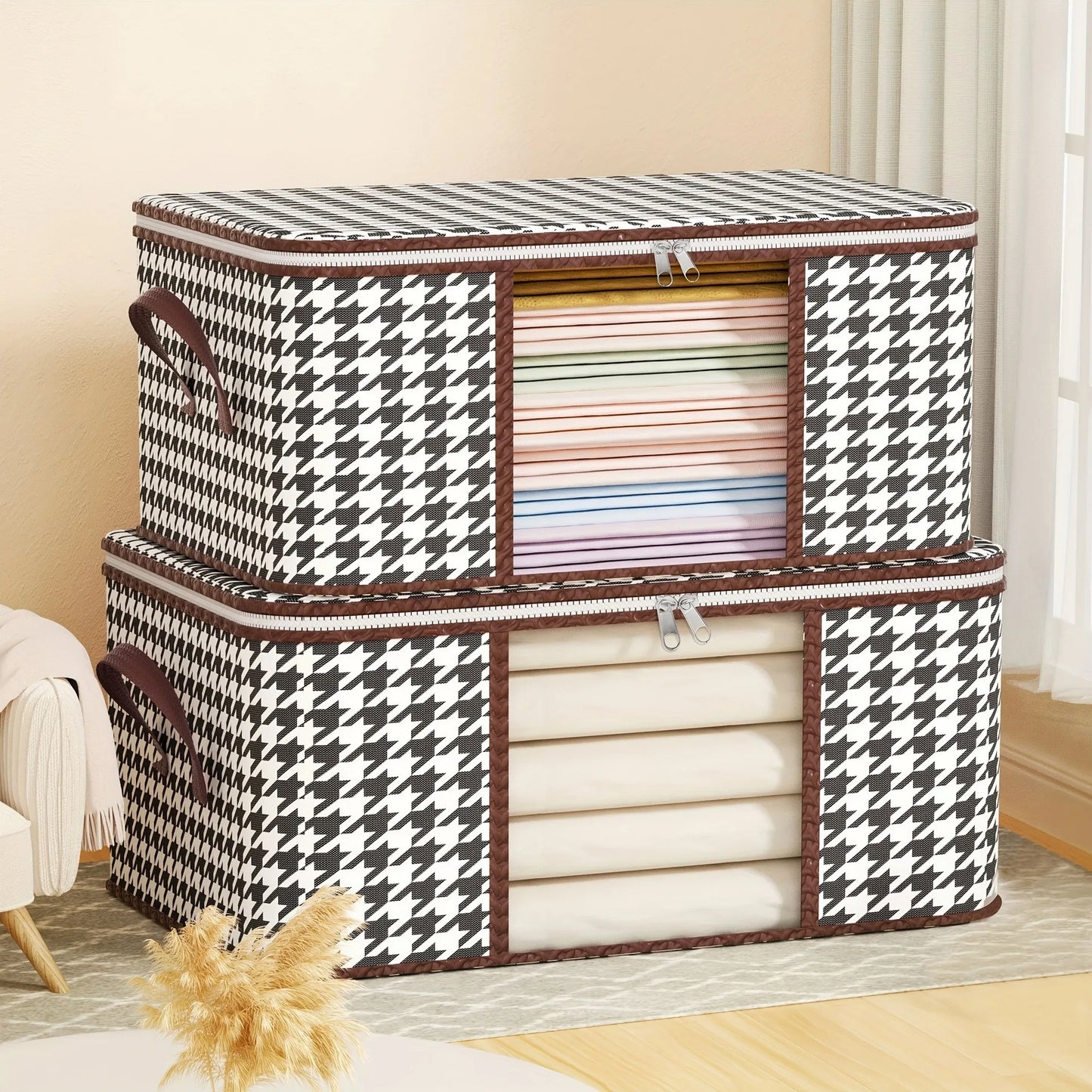 Visible Large Capacity Storage Box with Handles, Foldable Dustproof Clothes & Quilt Organizer Zipper Container